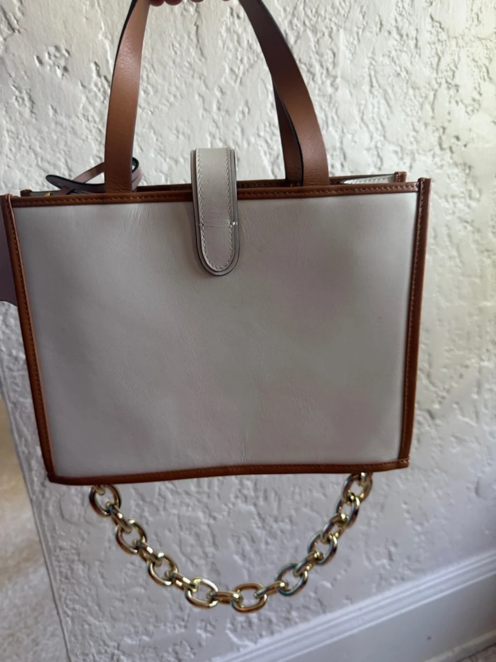 RADLEY LONDON Cream, Brown & Navy Horse-Print Satchel with Gold Chain Strap - Picture 2 of 3